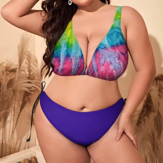 Vibrant multi color bikini top with solid purple bottoms for your beach party vibes