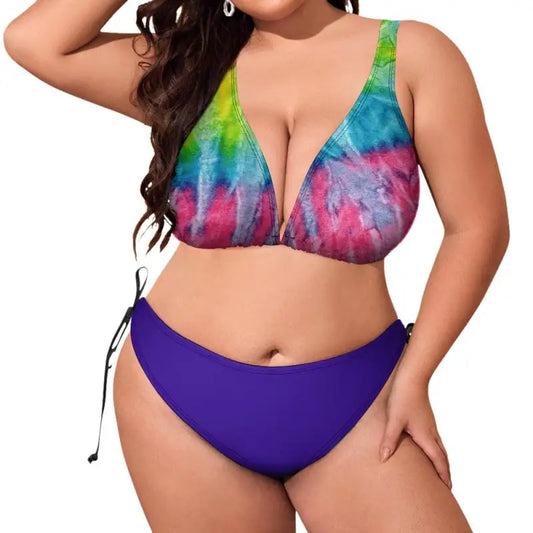 Colorful tie-dye bikini top and solid purple bottom, perfect multi color bikini for summer fun