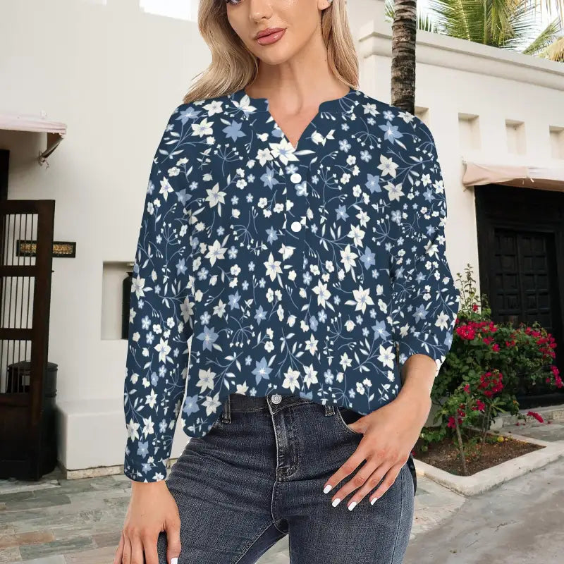 Navy blue floral print blouse for Plus Size Queens in 2XL, 3XL, and 4XL sizes