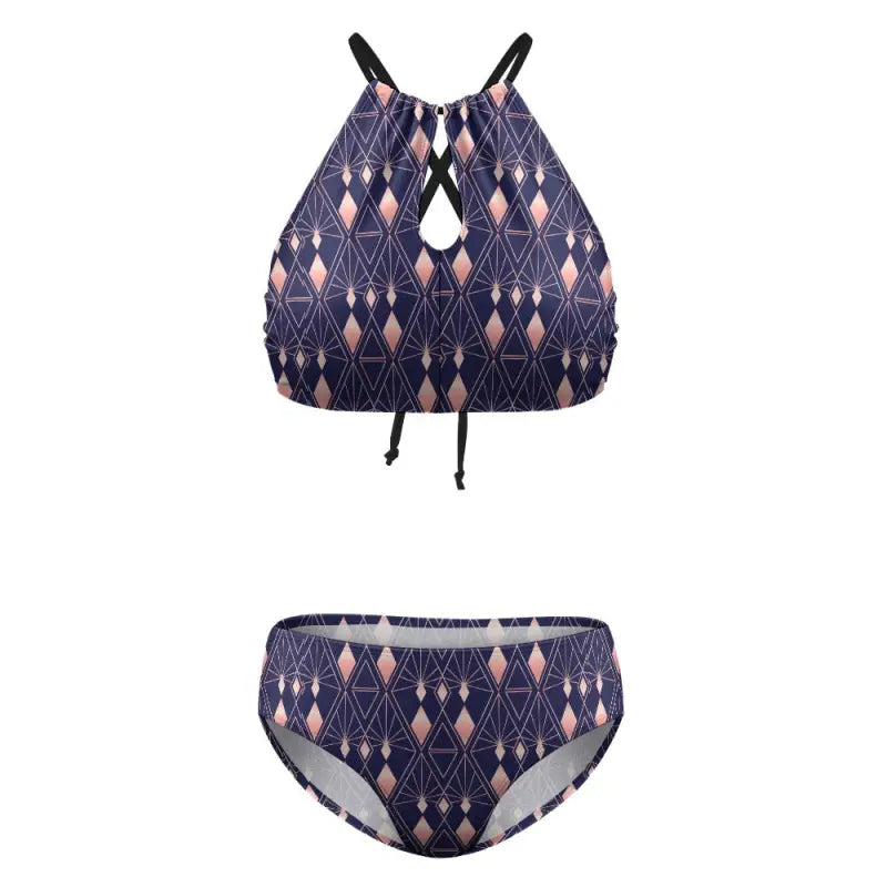 navy geometric bikini set high neck top and bottoms product view