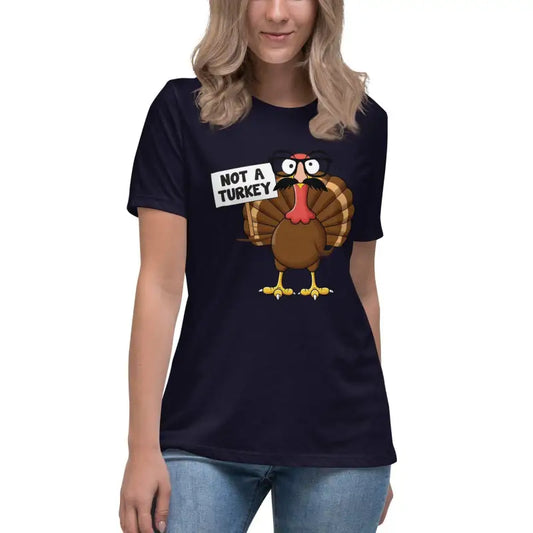 Navy blue disguise shirt with cartoon turkey saying NOT A TURKEY for Thanksgiving fun