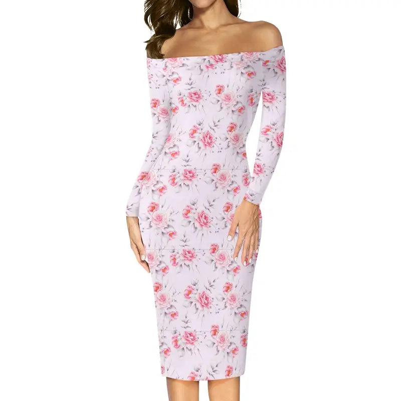 off shoulder rose floral midi dress front view long sleeve bodycon