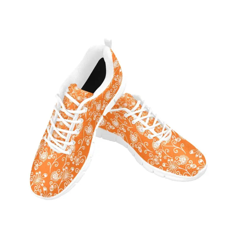 Orange floral breathable sneakers with white pattern and laces for comfy style