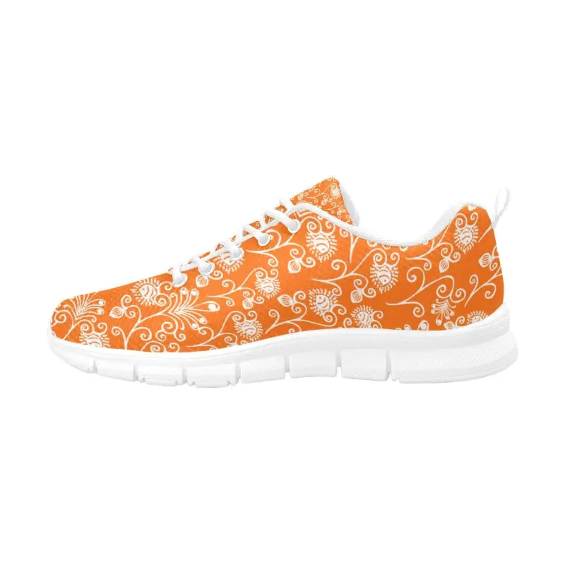 Orange floral breathable sneakers with white floral pattern and sole for stylish comfort