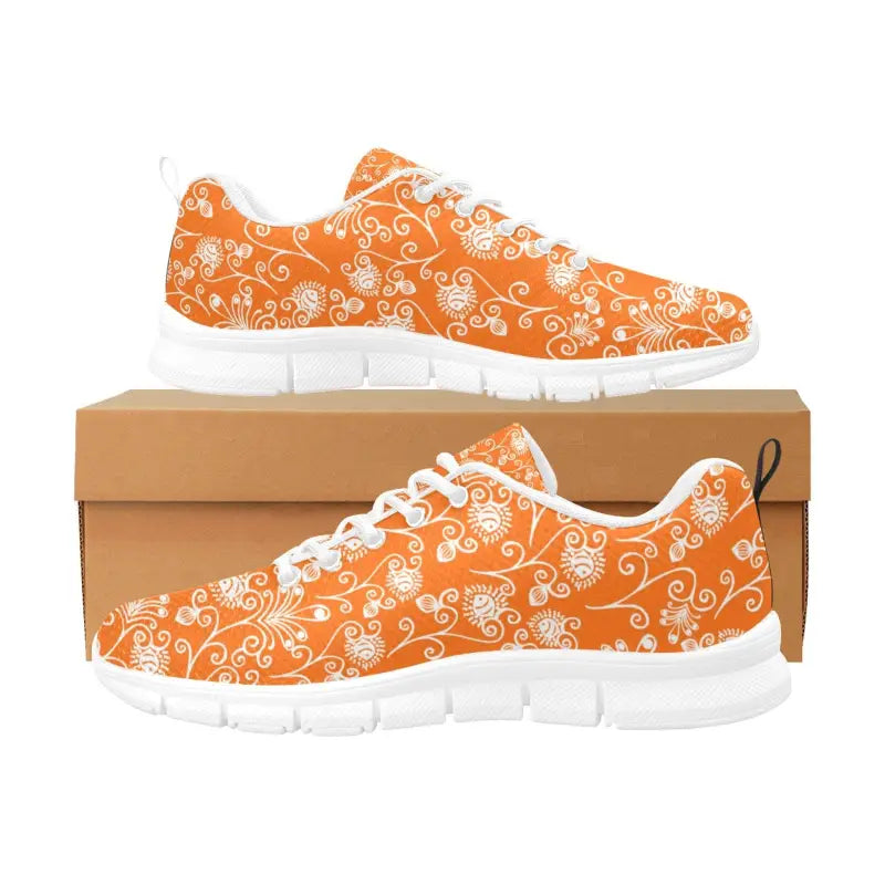 Orange Floral Breathable Sneakers with white floral pattern and shoebox for women