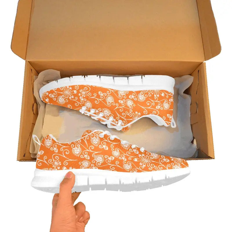 Stylish Orange Floral Breathable Sneakers in a box, perfect for adding flair to your feet