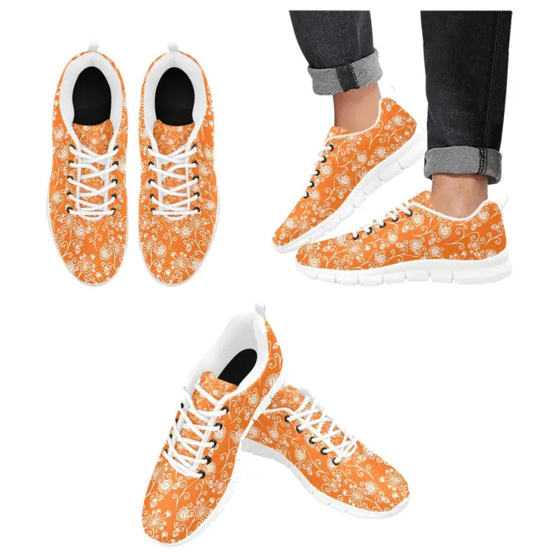 Orange floral breathable sneakers with white laces, perfect for making your feet bloom