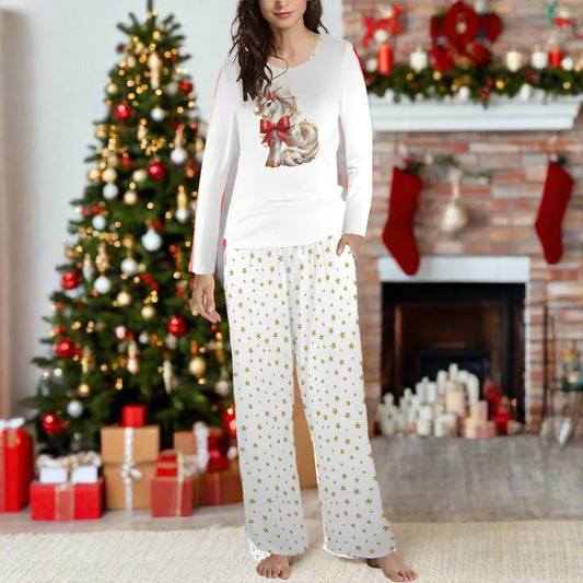 Woman in comfy cat print pajamas with polka dots for a fun starry night