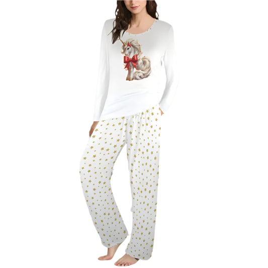 Woman in cozy cat pajamas with polka dot pants for a comfy starry night look