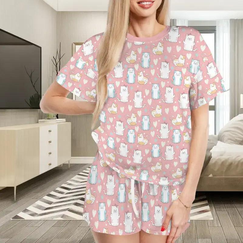 Cute pink pajama set with cartoon polar bear print for cozy cat short pajamas nights