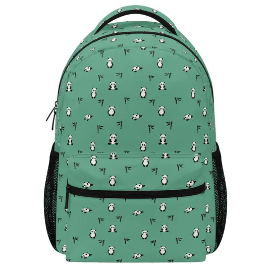 Green panda backpack with penguin pattern and multiple compartments for school fun