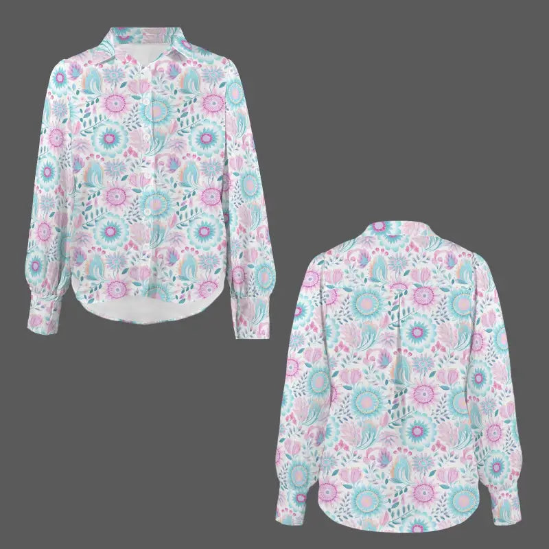 Pastel Boho Long Sleeve Blouse featuring a pink and turquoise floral pattern