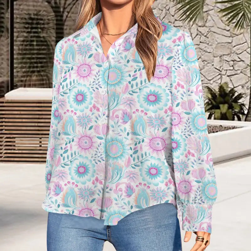 Floral long sleeve button up blouse in pastel pink and turquoise for a chill boho vibe