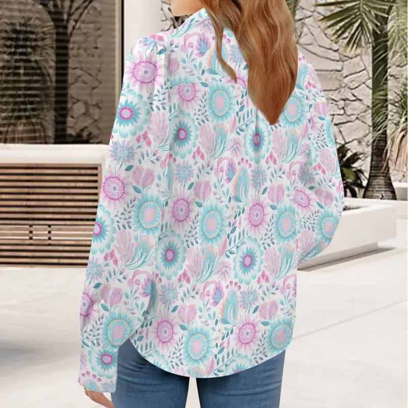 Pastel Boho Long Sleeve Blouse featuring floral print in pink and turquoise colors