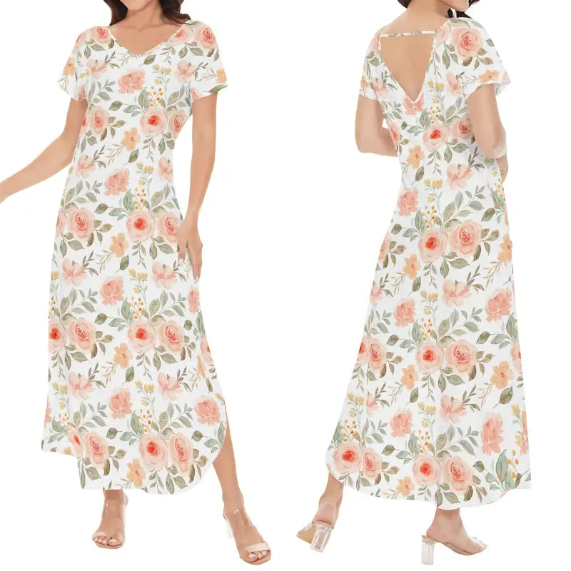 Womens peach floral maxi dress with roses and leaves on a white background