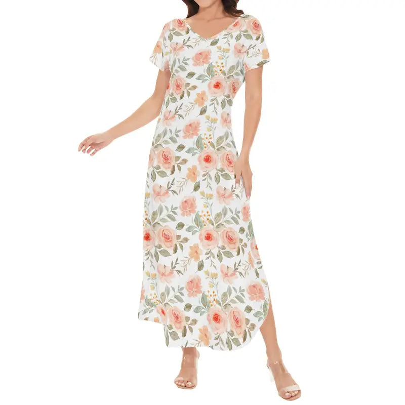 Womens peach floral short sleeves long maxi dress in a beautiful peach and white print