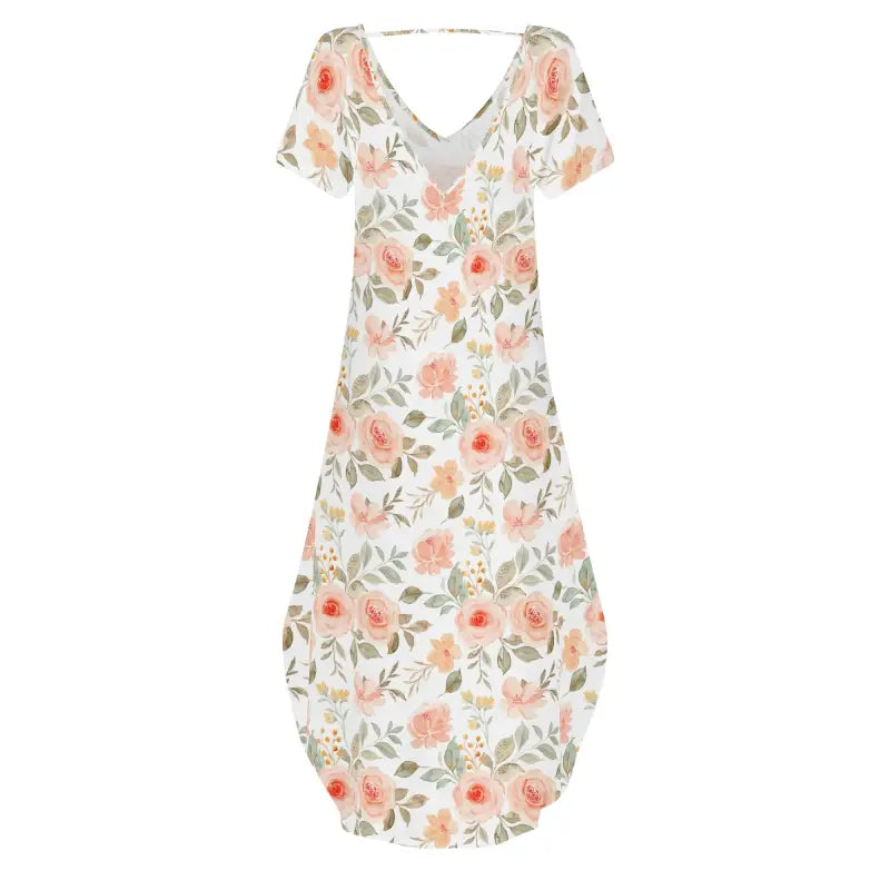 Womens peach floral short dress with v-neck and sleeves, perfect for summer vibes