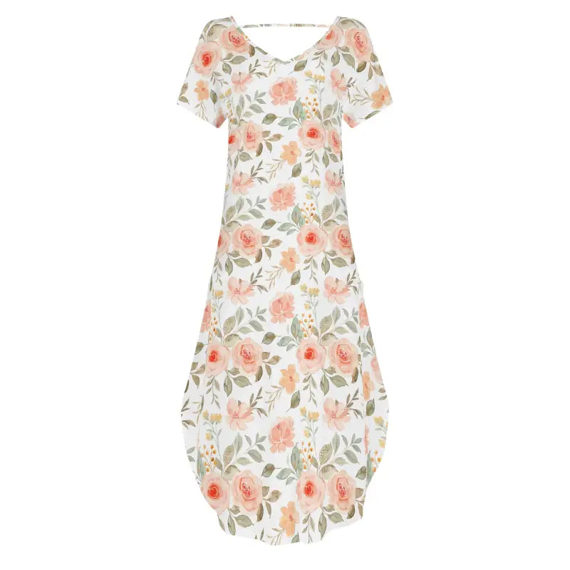 Womens peach floral short-sleeve dress with coral roses on white background