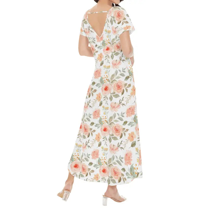 Womens peach floral short delight in a stylish long maxi dress with V-back design