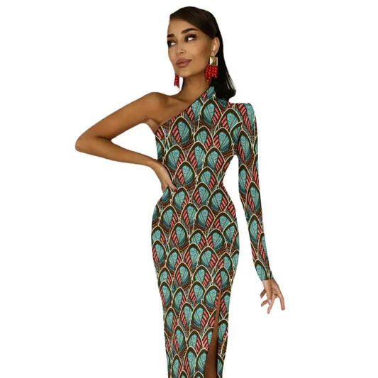 One-shoulder Peacock Print Party Dress featuring a stunning sleeve slit in vibrant colors