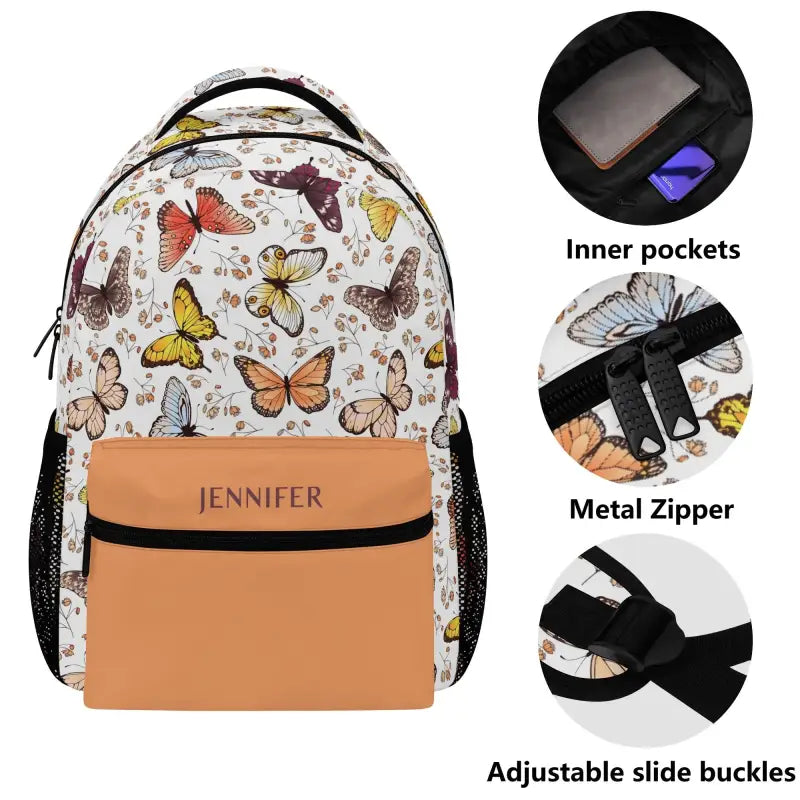 Personalized Butterfly Backpack with colorful print and tan pocket for stylish scholars