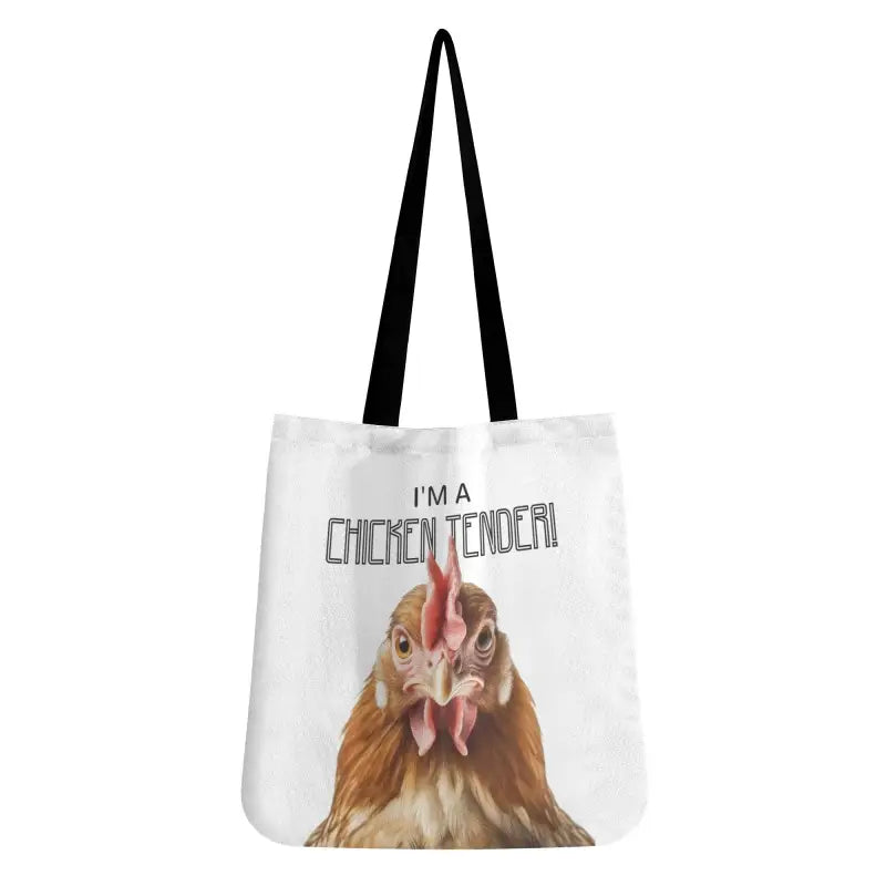 White chicken tender cloth tote bag with a fun chicken head graphic and text I’m a Chickentender