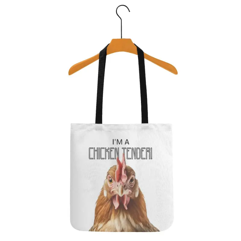 White Personalized Chicken Tender Cloth Tote Bag with fun chicken graphic on hanger