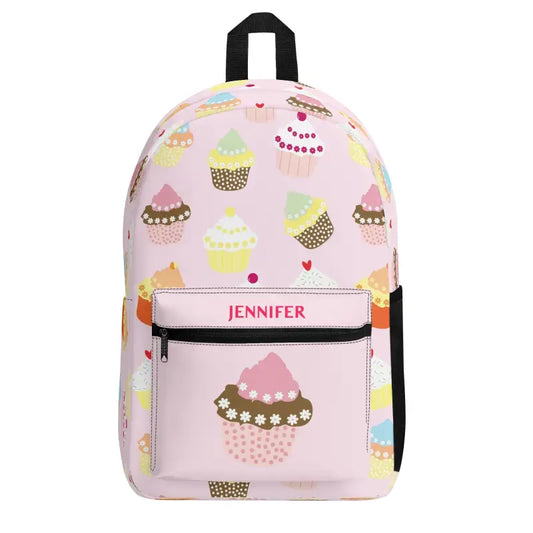 Pink personalized cupcake backpack with cupcake pattern and name Jennifer