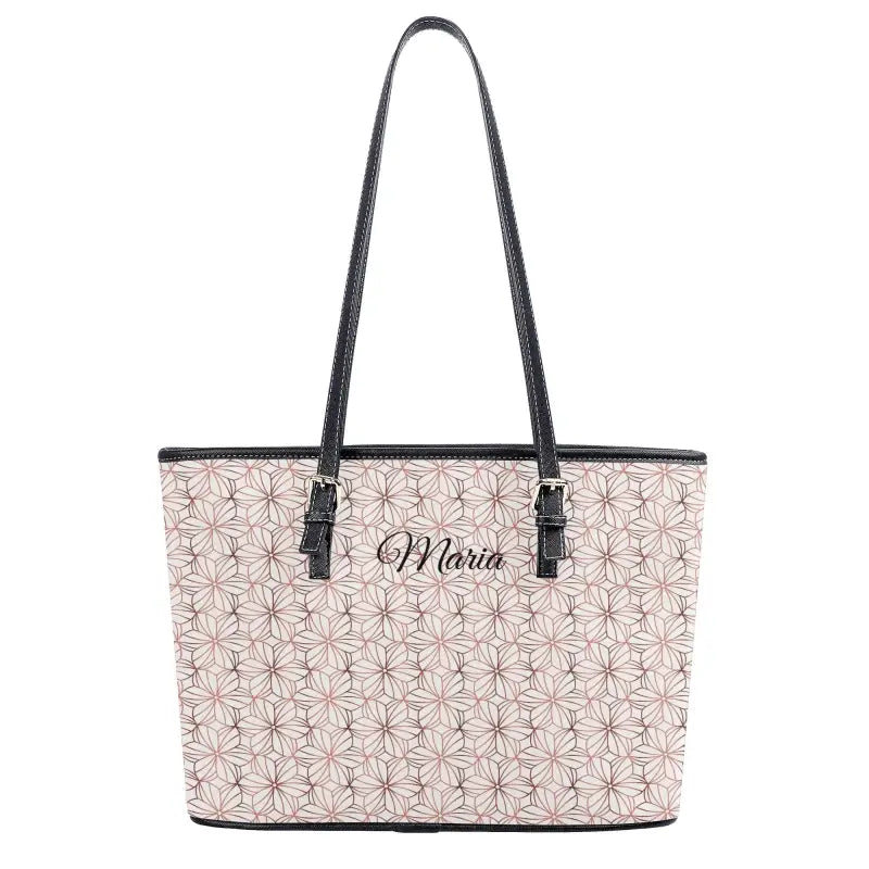 Beige patterned tote bag with black trim, personalized for Maria, featuring adjustable handles