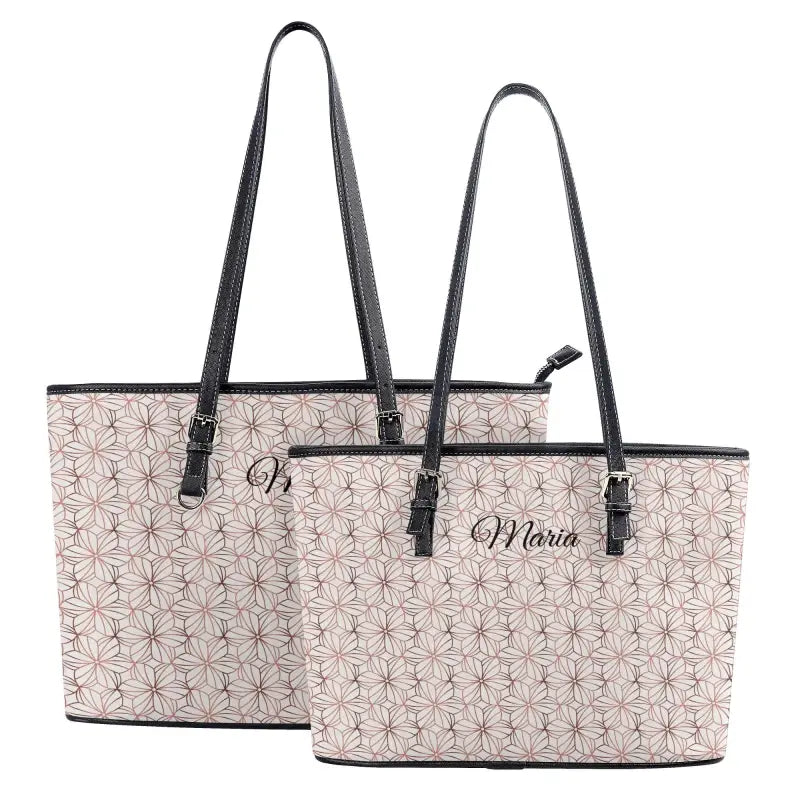 Two matching Personalized Shoulder Tote Bags with black straps and zip closure