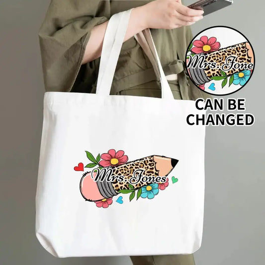 White cotton tote bag with colorful floral and leopard print for personalized teacher gifts