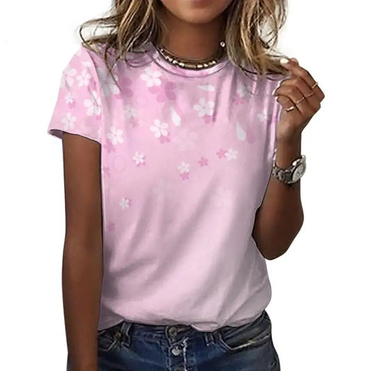 Cute pink floral t-shirt with a white butterfly pattern, perfect for stylish women