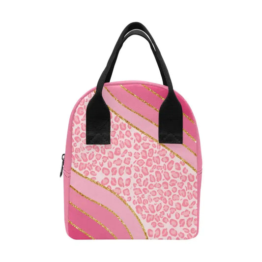 Pink leopard print insulated lunch bag with gold accents and black handles