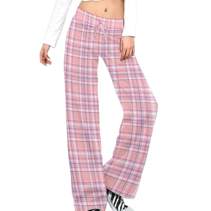 Pink and purple plaid lace-up yoga pants with a comfy drawstring waist for lounging