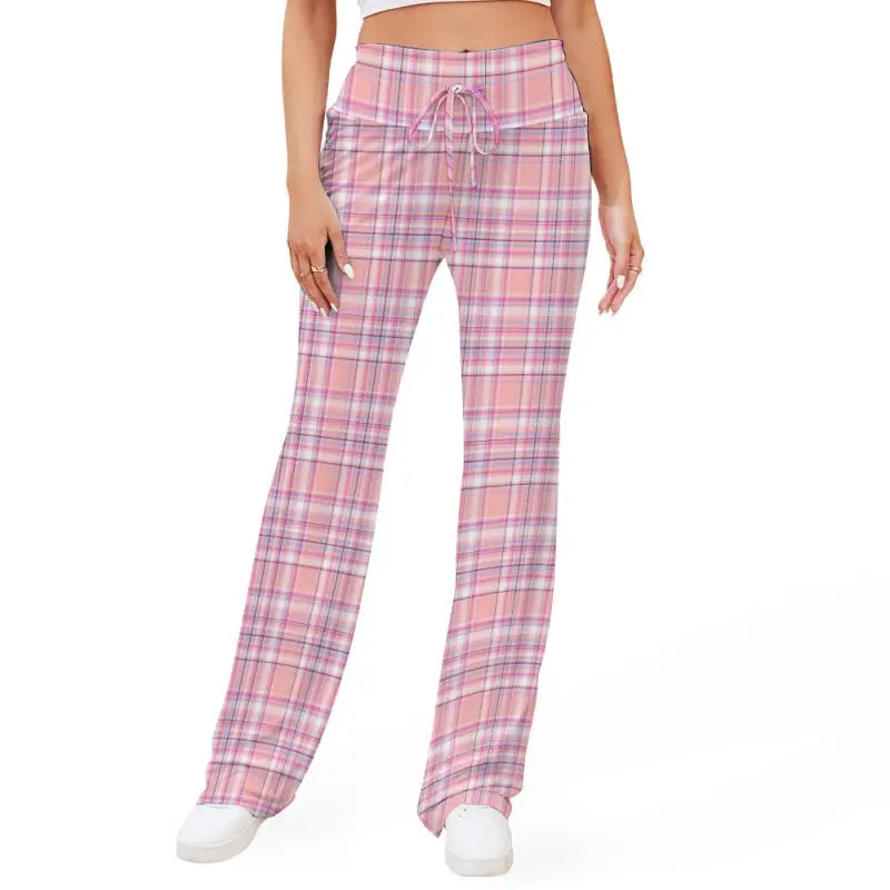 Pink and gray plaid lace-up yoga pants perfect for lounging or pretending to workout