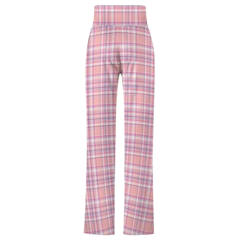 Pink plaid high-waisted lace-up yoga pants perfect for lounging or beach vibes