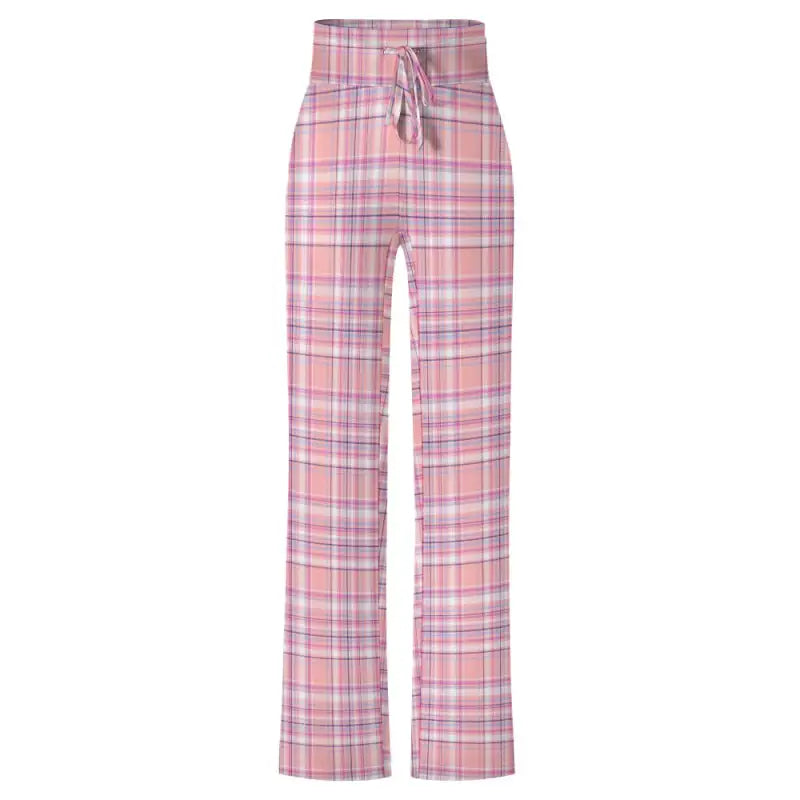 Pink and gray plaid lace-up yoga pants with a comfy drawstring waist for ultimate chill