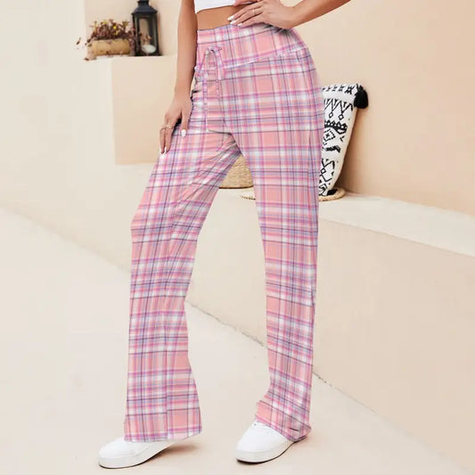 Pink and gray plaid lace-up yoga pants with elastic waistband, perfect beach pants vibe