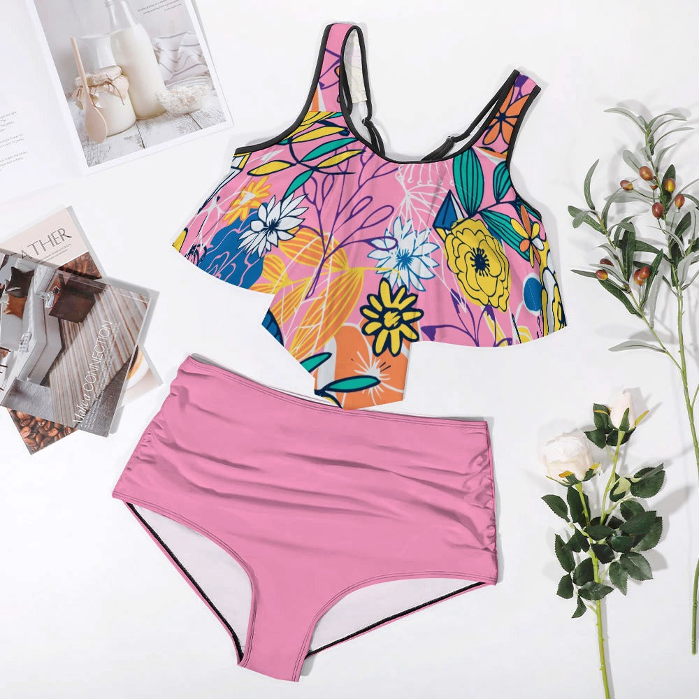 plus size resort floral tankini set flat lay