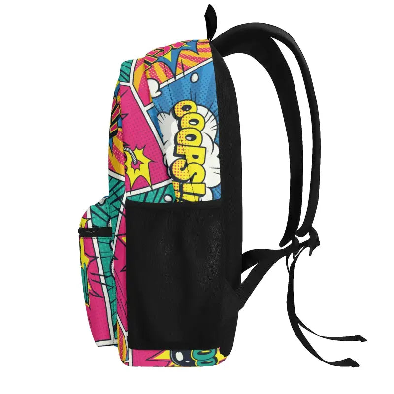 Colorful Pop Art Comic Vintage Backpack with vibrant graphics and Boom text design