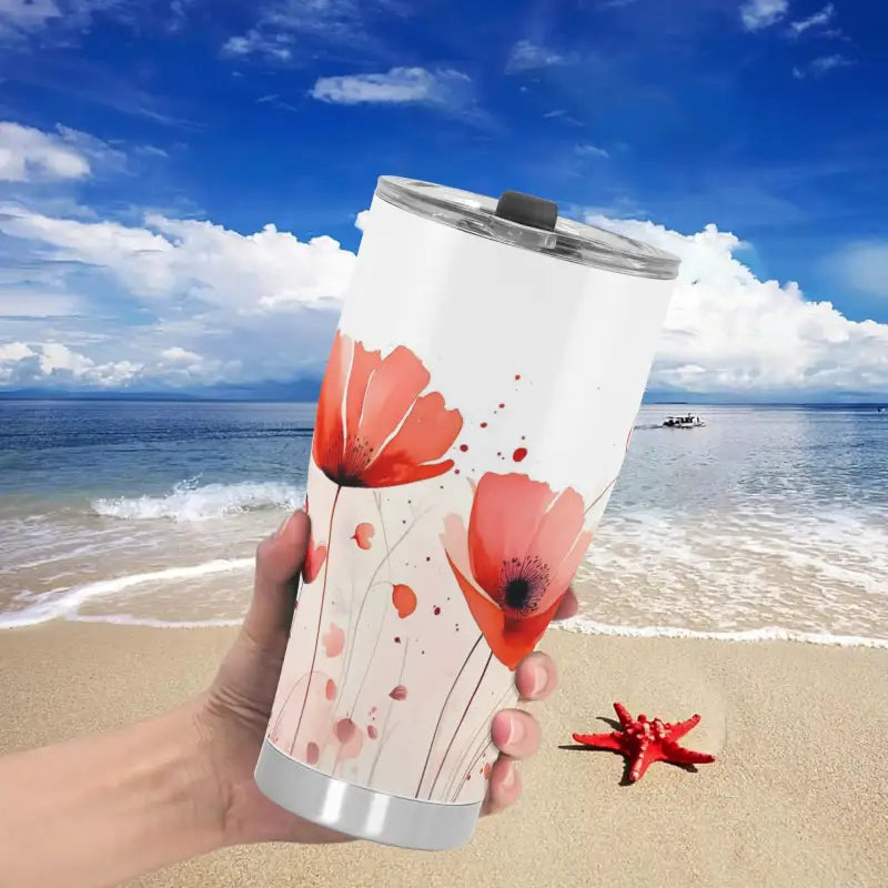 Travel mug with red poppy design for a floral personalized tumbler 30oz