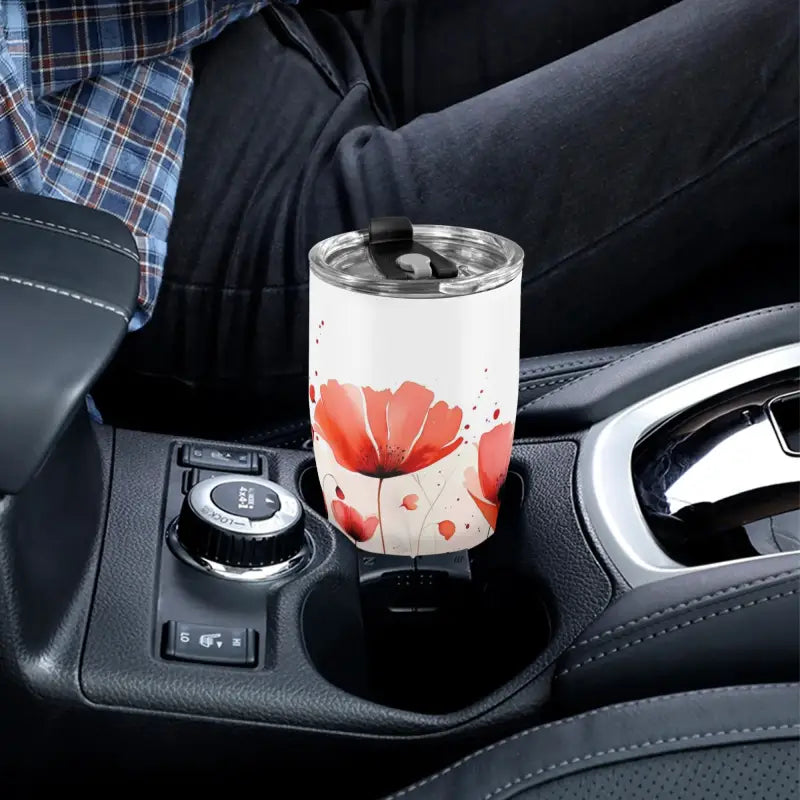 Insulated 30oz floral personalized tumbler with red flower design in car cup holder