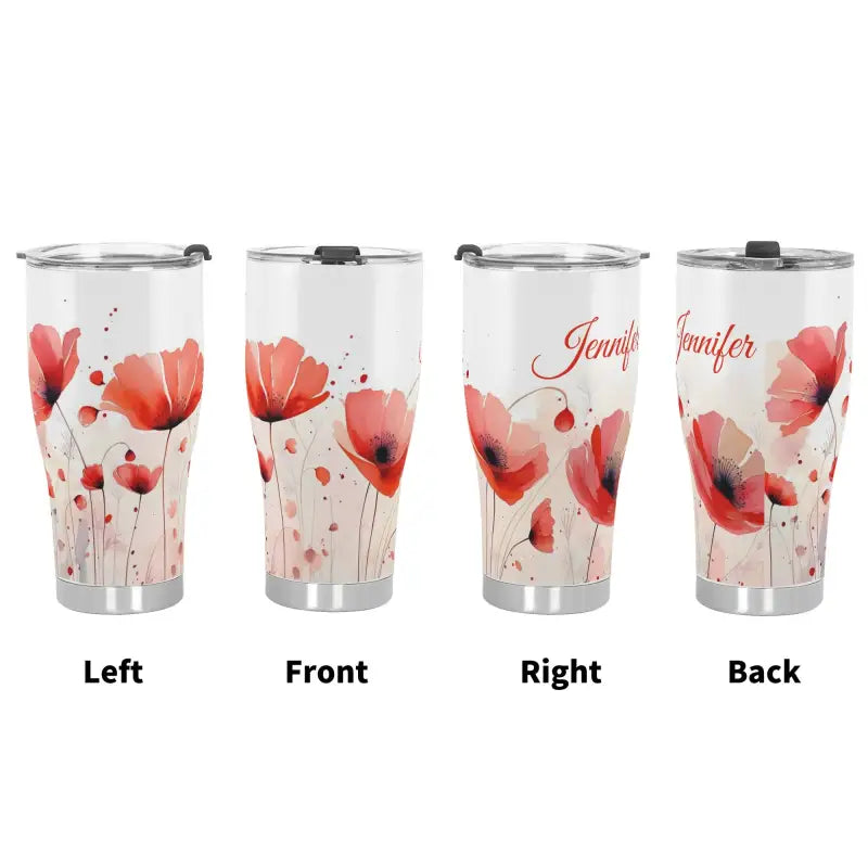 Insulated 30oz floral personalized tumbler with red poppy design shown from all angles