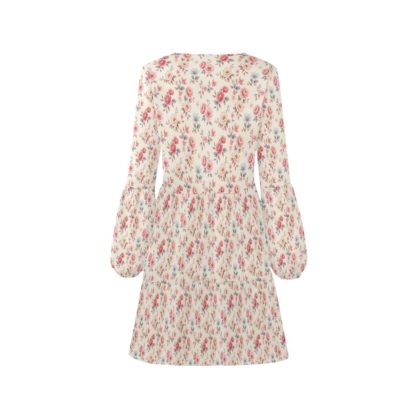 product back flat lay floral tiered mini dress lantern sleeves structure