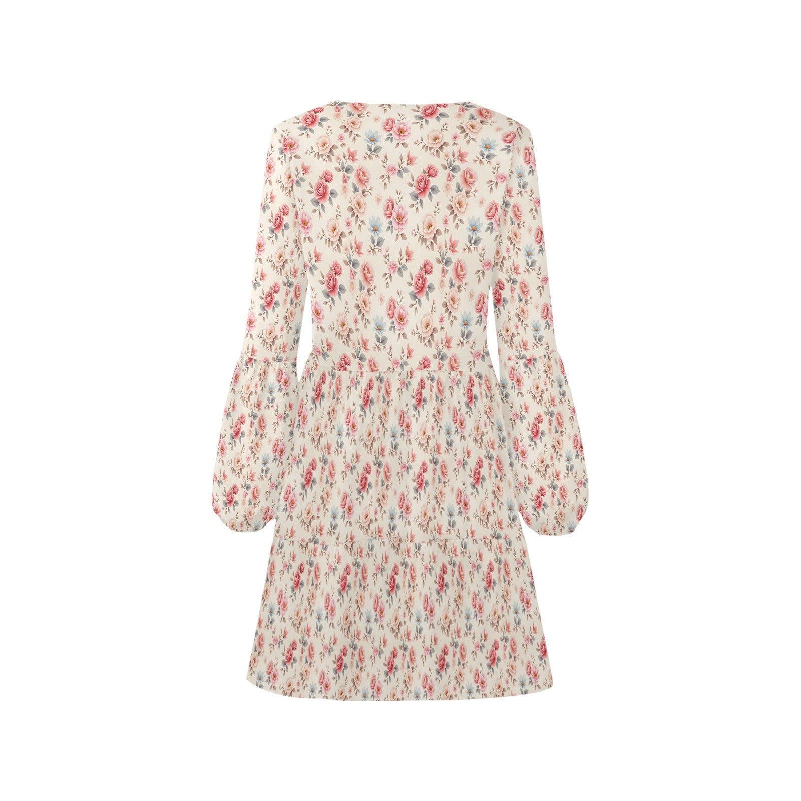 product back flat lay floral tiered mini dress lantern sleeves structure