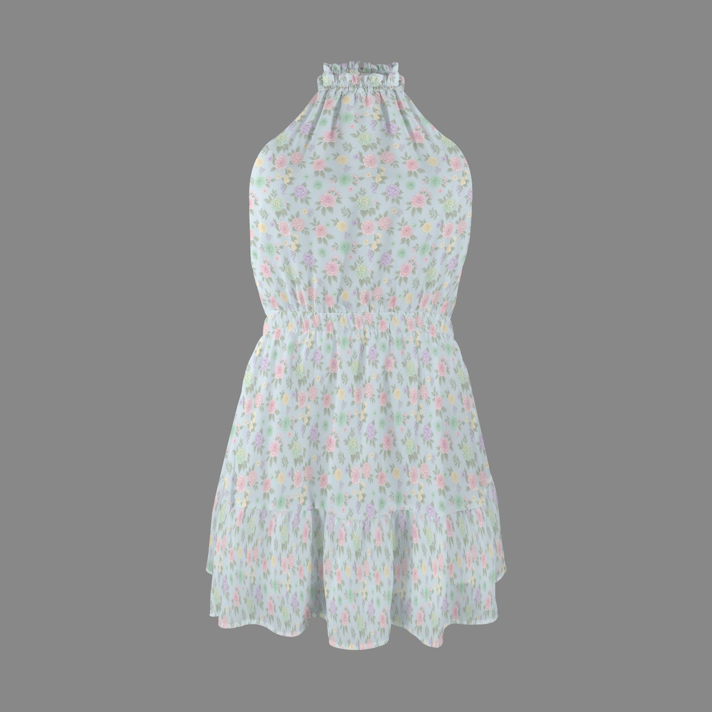 product flat lay floral halter mini dress tiered hem ruffle neckline