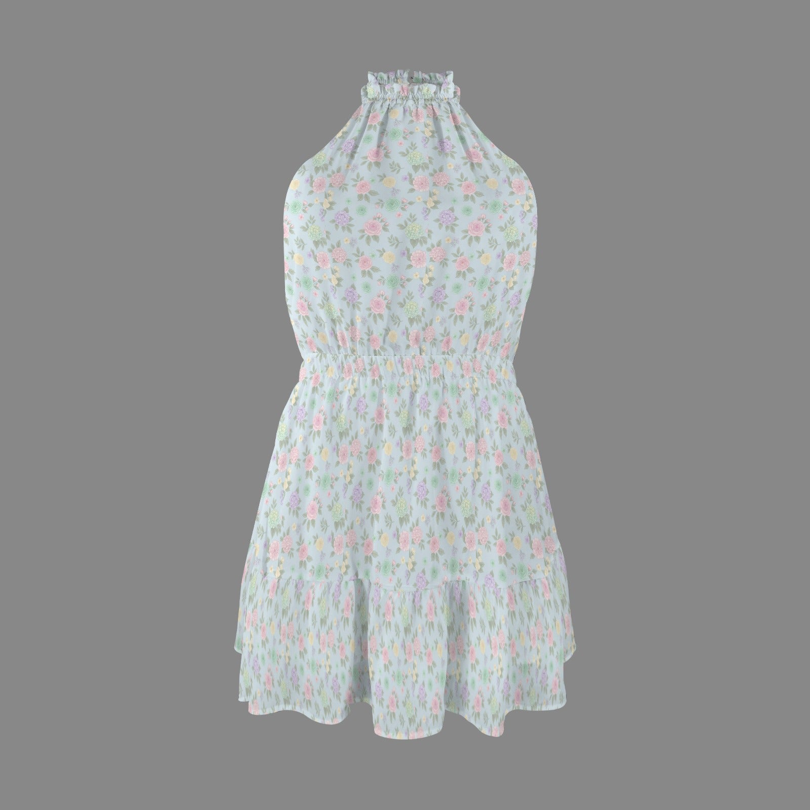 product flat lay floral halter mini dress tiered hem ruffle neckline