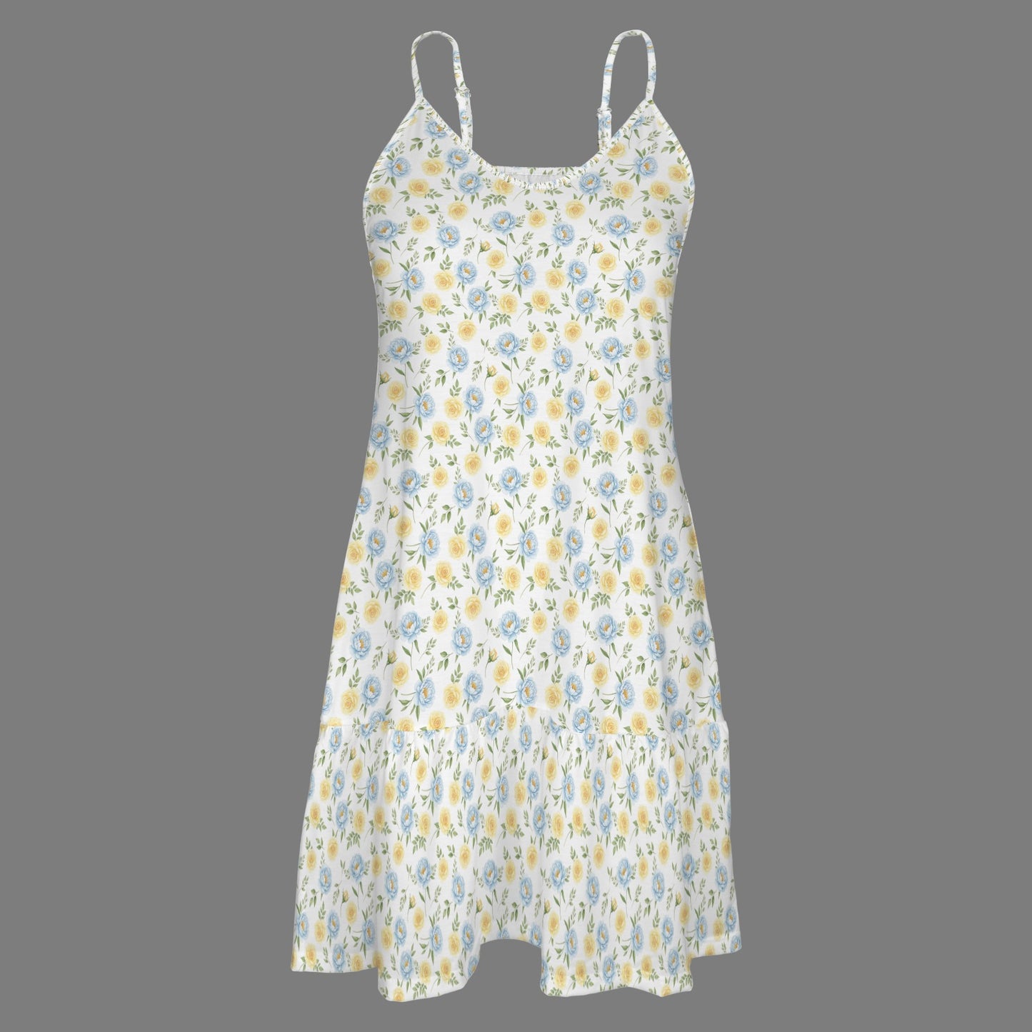 product flat lay floral spaghetti strap mini dress with tiered hem and pockets