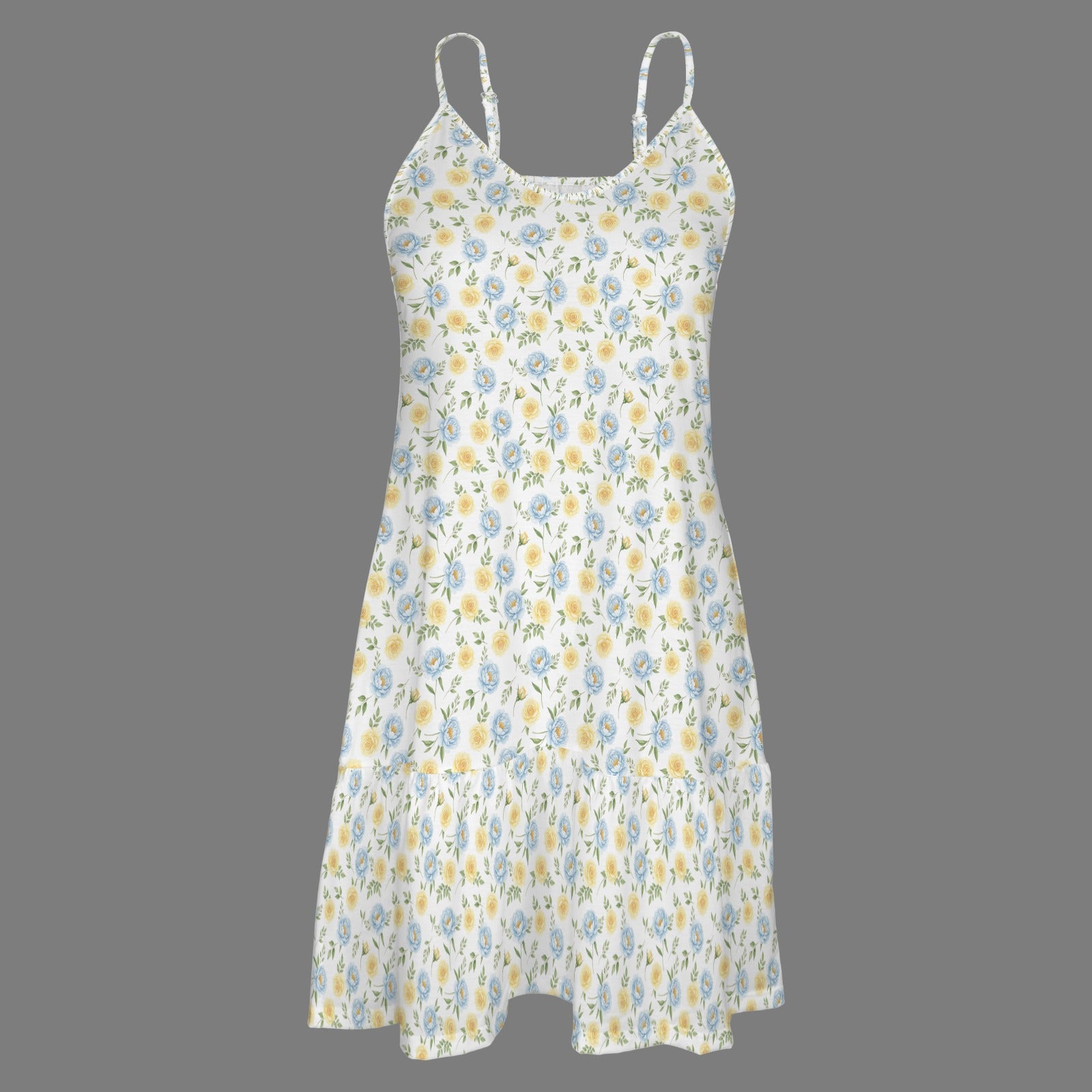 product flat lay floral spaghetti strap mini dress with tiered hem and pockets