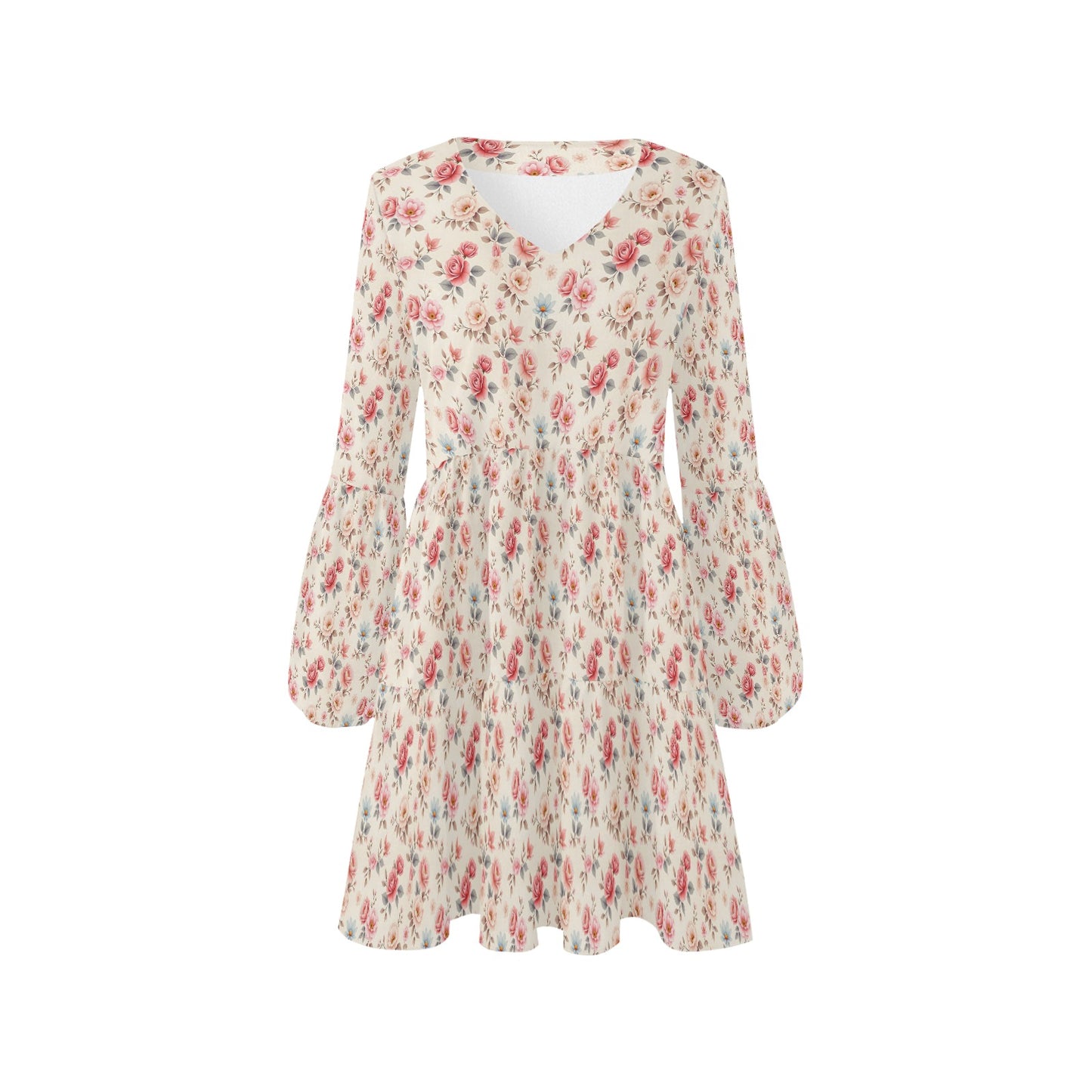 product front flat lay floral v neck mini dress tiered skirt long sleeves